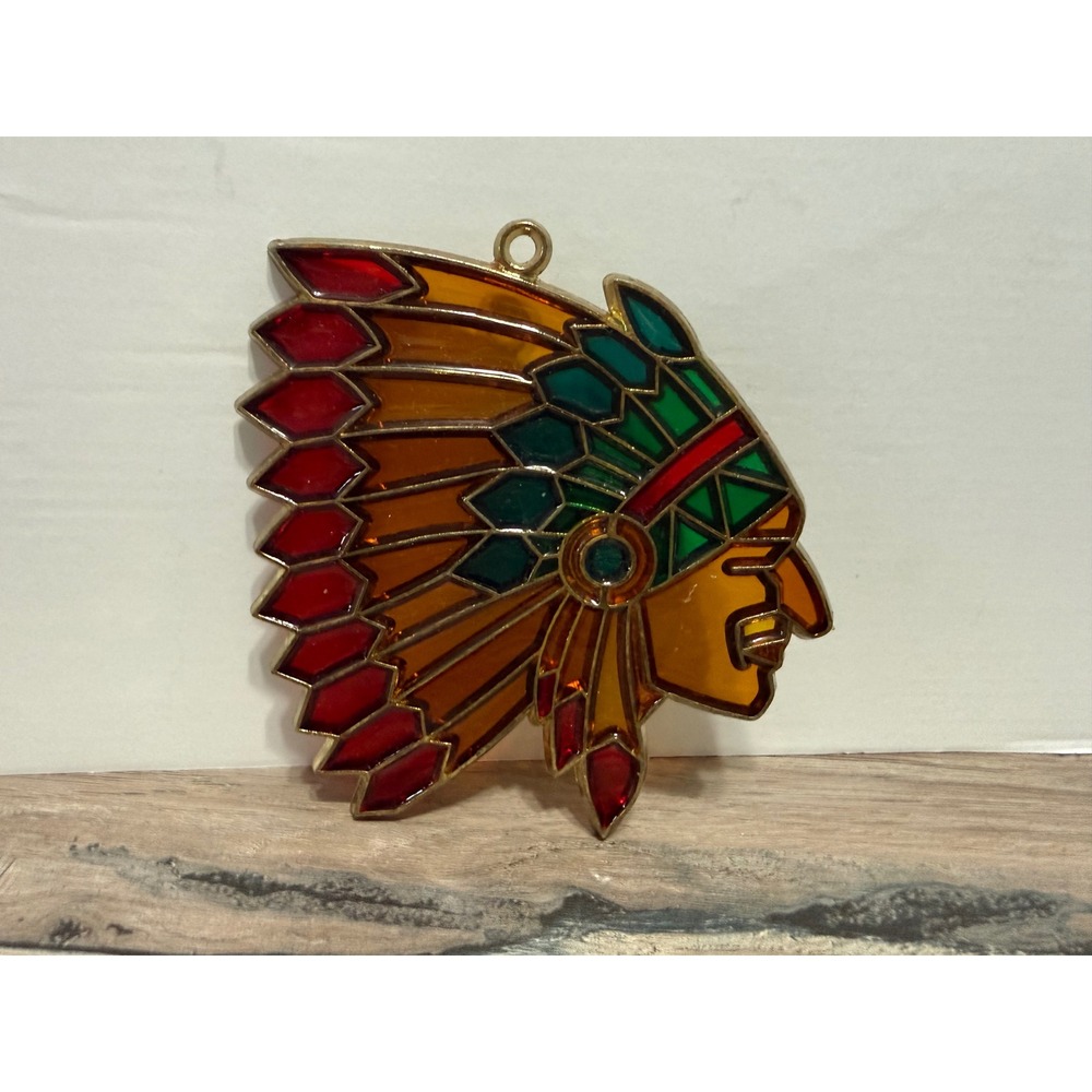 Vintage Native American Chief Stained Glass Suncatcher Headdress Window Decor
